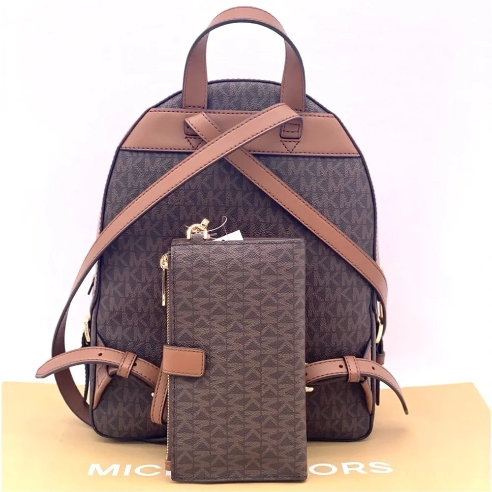 MICHAEL KORS JAYCEE MEDIUM BACKPACK & LARGE DOUBLE ZIP WALLET SET BROWN/GOLD